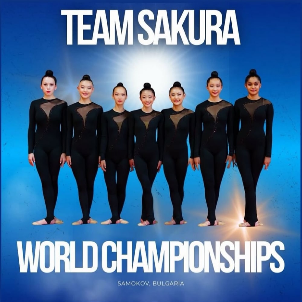 Graphic showing seven gymnasts in matching black uniforms against a blue background.